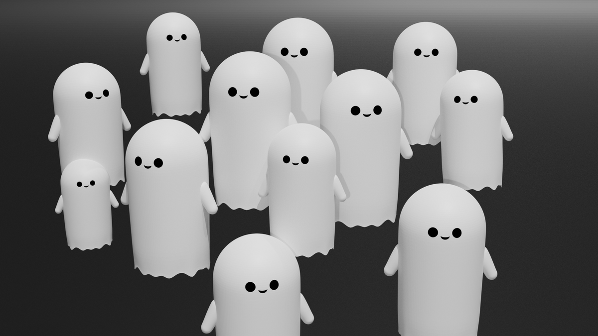 Creating a family of "bad" guys for my next #r3f project, #Blender3d #3D #3dmodeling, the advantage of ghosts is no rigging needed, just wrap them in a #Drei <Float> and off you go!