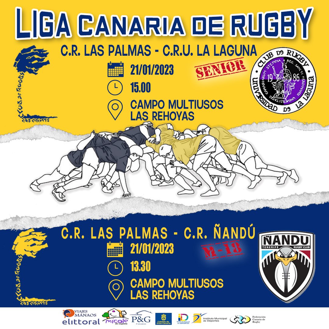 CRLPLasPalmas's tweet photo. Vuelve la Liga 🏉🇮🇨
🗓️ Sábado 21 de enero
🏟️ Campo Multiusos de las Rehoyas
🕛 13:30 h #Sub18CRLP ante Ñandu y 15:00 h #SeniorCRLP ante CRULL
Te esperamos!!!!
#seguimosempujando
#CRLP 🌴 #caraduras #rugby #oval #rugbyXV https://t.co/u6Lg50zajD