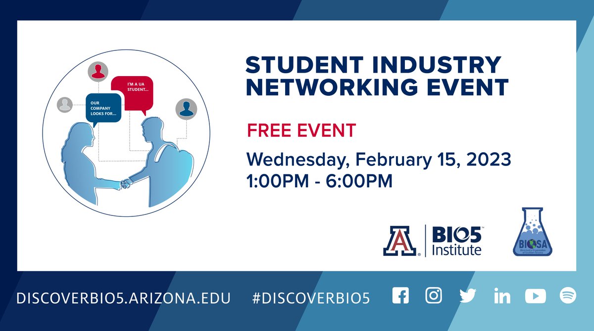 BIO5 Institute (@uazbio5) on Twitter photo The 2023 Student Industry Networking Event presented by BIO5 & BIOSA will be held IN-PERSON & VIRTUALLY this year! 
Students will be able to meet with industry representatives, learn about hiring trends, get career and educational resources, and more: bit.ly/SINE2023 The 2023 Student Industry Networking Event presented by BIO5 & BIOSA will be held IN-PERSON & VIRTUALLY this year! 
Students will be able to meet with industry representatives, learn about hiring trends, get career and educational resources, and more: bit.ly/SINE2023