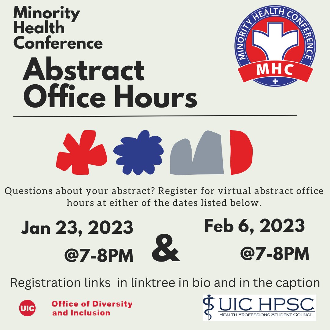 UIC_MHC's tweet photo. Have questions about your abstracts for the MHC? Join us at our office hours at the dates listed below. Registration links can be found in our linktree: https://t.co/yb0Wy55wWA https://t.co/LFEj40ptMa