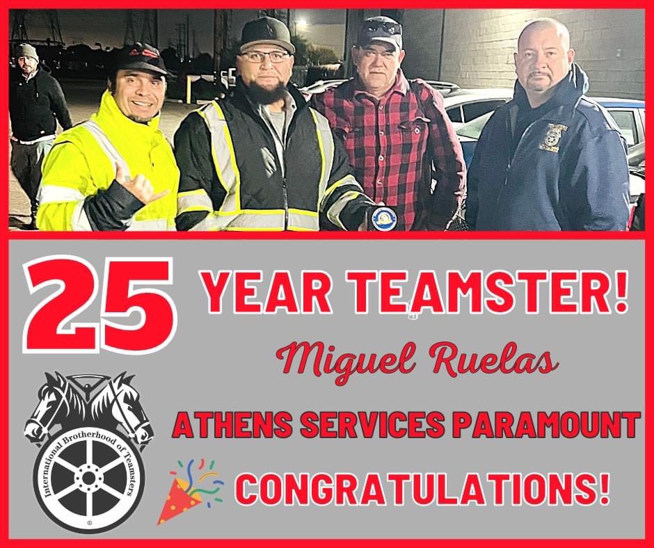 Local_396's tweet photo. Congratulations to our Teamsters Local 396 sanitation member Miguel Ruelas from Athens Services Paramount on his recent recognition as a 25-year member of Teamsters Local 396. He was presented with his 25-year Teamster watch by Business Representative Jesus Paez. #Local396 https://t.co/M2U6VPsX79