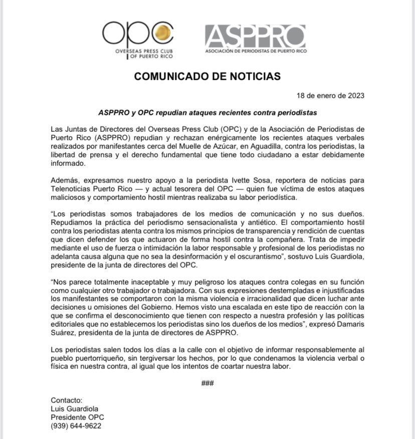 ivettesosaT2's tweet photo. Organizaciones periodísticas repudian violencia hacia periodista durante manifestaciones de ‘Campamento Pelícano’ y otros grupos en Aguadilla. 👇🏽👇🏽👇🏽 https://t.co/CIpnn2j9BK