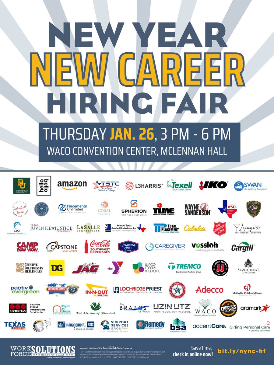 The New Year, New Career Hiring Fair is happening Jan. 26 at the Waco Convention Center. Save time, check in online now ➡️ bit.ly/nync-hf