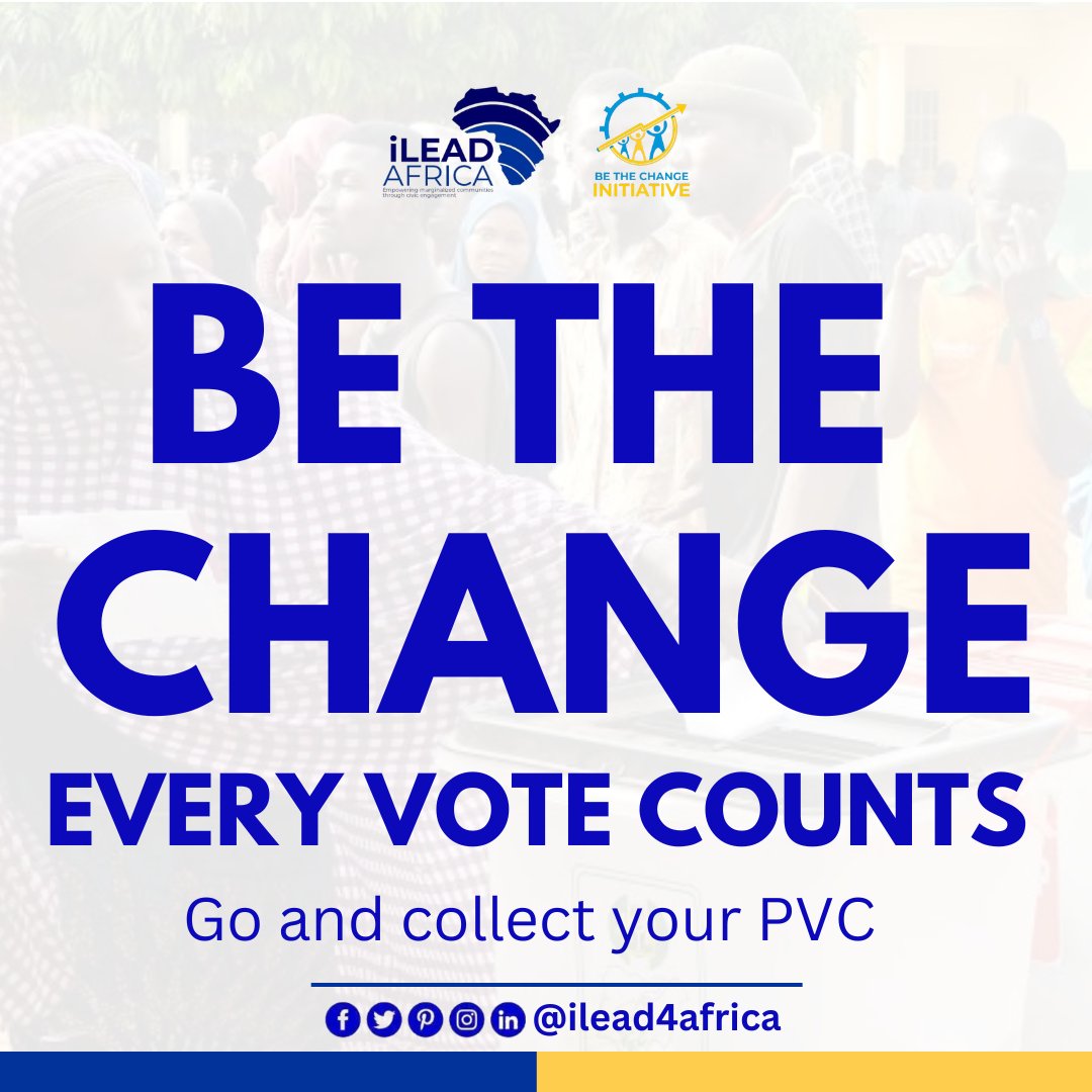 BE THE CHANGE....Every vote counts. Ensure that you collect your PVC and get ready to vote in February and March.

#ilead #ileadafrica #bethechange #vote #election #citizenrights #civicparticipation #digitaladvocacy #sustainability #sustainabledevelopment #sdgs