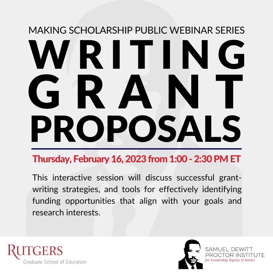Looking to polish your #grantwriting skills 📝

Join us for our #MSP2023 "Writing Grant Proposals" workshop! 🔖

Learn the ins-and-outs of scholarly writing &amp; publishing here👇
proctor.gse.rutgers.edu/making-scholar…

#AcademicTwitter #highereducation #academicWriting