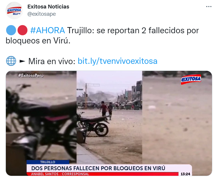 DanielUrresti1's tweet photo. Dos muertos durante protestas en Virú // mientras tanto, la presidenta Boluarte. https://t.co/1osYdSGnJv