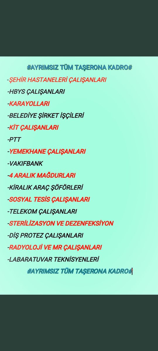 TümTaşeron MeclisGündemine
Amasız fakatsız teşerono kadro istiyoruz 
<a href="/fethigurer/">Ömer Fethi Gürer</a> @HBYS_PLATFORMU <a href="/sabantck/">şaban çekil</a> <a href="/vedatbilgn/">Vedat Bilgin</a> <a href="/RTErdogan/">Recep Tayyip Erdoğan</a> @Anndnc06 <a href="/ankarakulisi06/">ANKARA KULİSİ</a> <a href="/kadrosuz123/">Taşeron işçi</a>