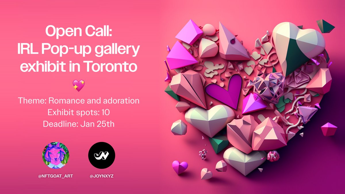 joynxyz's tweet photo. Valentine's day is right around the corner! 💗

We are excited to announce that @NFTgoat_art has offered 10 more exhibition spots for NFT Goat Valentine's day pop-up exhibition in Toronto!  😍

How exciting is that?!

Apply below ⤵️ https://t.co/IFofcsrTX1