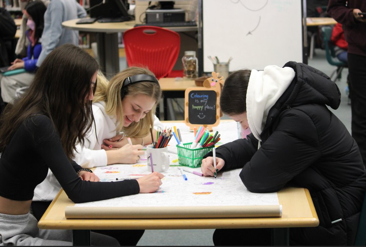 Stressing over impending exams? Try group colouring <a href="/trudeauhs/">P.E. Trudeau H.S.</a> library! Did you know that colouring calms the amydala, generates mindfulness, and allows your mind to rest after working hard?