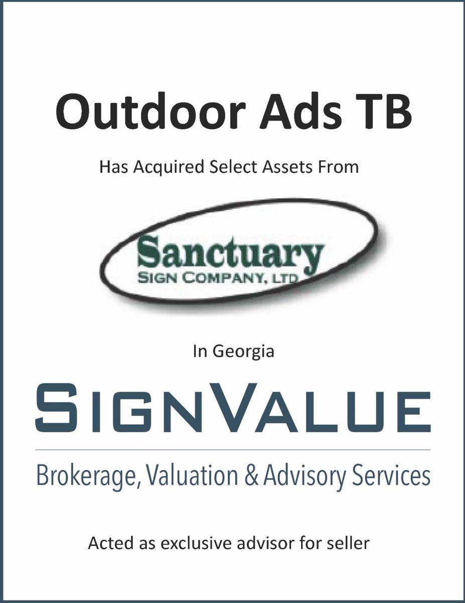 signvalue's tweet image. SignValue recently acted as the exclusive advisor for Sanctuary Sign Company, LTD, as they completed the selling of select assets to Outdoor Ads TB, in Georgia.

For more information about our Sale Consulting services please visit our website: conta.cc/3CWVawI