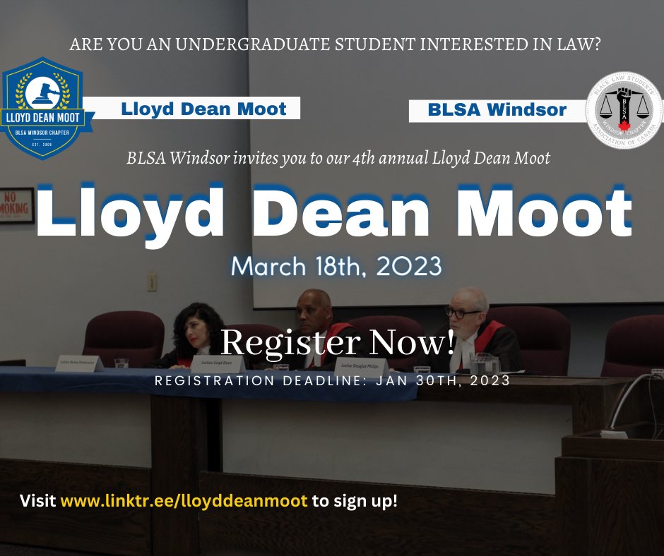 Registration for the 4th annual Lloyd Dean Moot is now open! ✨⚖️ 

Sign up today at forms.gle/qfmHB7HCyMynnc…. 

For more information about the moot visit: linktr.ee/lloyddeanmoot 

Early registration closes: Monday, January 30th, 2023!