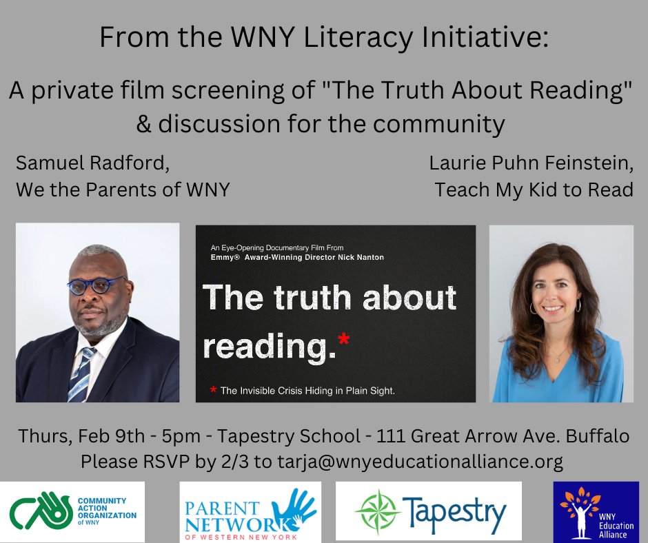 WNYEdAlliance's tweet photo. After the screening of #TheTruthAboutReading at @TapestryCharter 2/9, there will be a discussion on the illiteracy crisis w/ @brothersam of @WeTheParents1 & @lauriepuhn, Board President of Teach My Kid to Read.
Thank you to the #WNYLiteracyInitiative for sponsoring these events! https://t.co/JRwiVq2Vbo