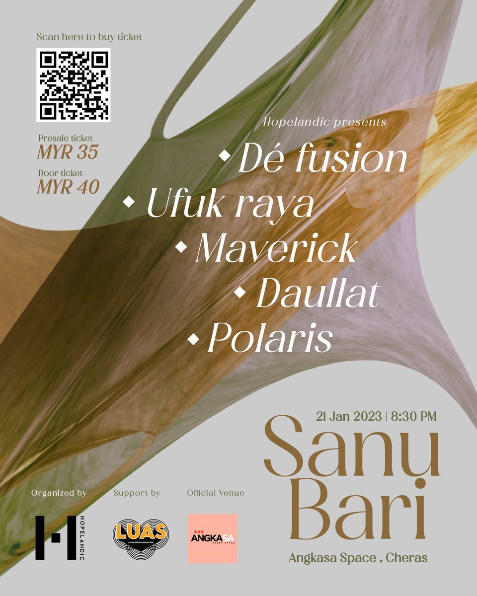 <a href="/hopelandicmy/">hopelandic</a> 
mempersembahkan
sanubari sebuah gig  post rock yang akan diadakan di #angkasaspace cheras
Pada 21 January 2023
8.30 pm

Rm35 (Pre sale) dan Rm 40 (door)
21 Jan 2023 angkasa space cheras

Keep post rockinnn...
<a href="/my_luas/">LUAS</a> <a href="/AngkasaSpace/">ANGKA///SA EVENT SPACE</a> <a href="/Jenn_Thompson/">jennthompson2811</a>