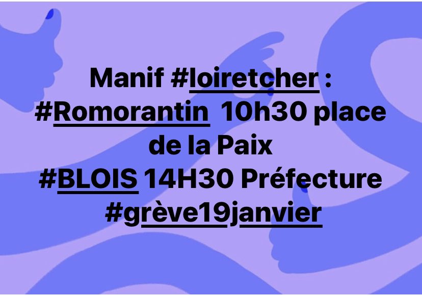 fran6_brunet's tweet photo. GREVE DU 19 JANVIER
Trois manifestations sont organisées dans le #loiretcher :
#Romorantin  10h30 place de la Paix
#VENDOME 10h30 place de la liberté
#BLOIS 14H30 Préfecture
 #grève19janvier #reformedesretraites #StopRetraiteMacron #mon41 https://t.co/QQKaXPLHCj