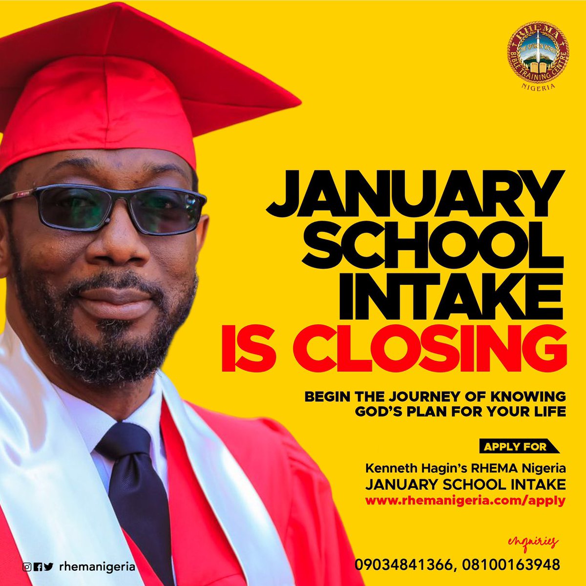 matkuna's tweet photo. JANUARY SCHOOL INTAKE IS CLOSING!

You can still be part of the RHEMA FAMILY.

To register, kindly visit: https://t.co/1q8nqVMpql

For more enquiries, call: 09034841366 or 09135832866 https://t.co/ZdMbkSw16J