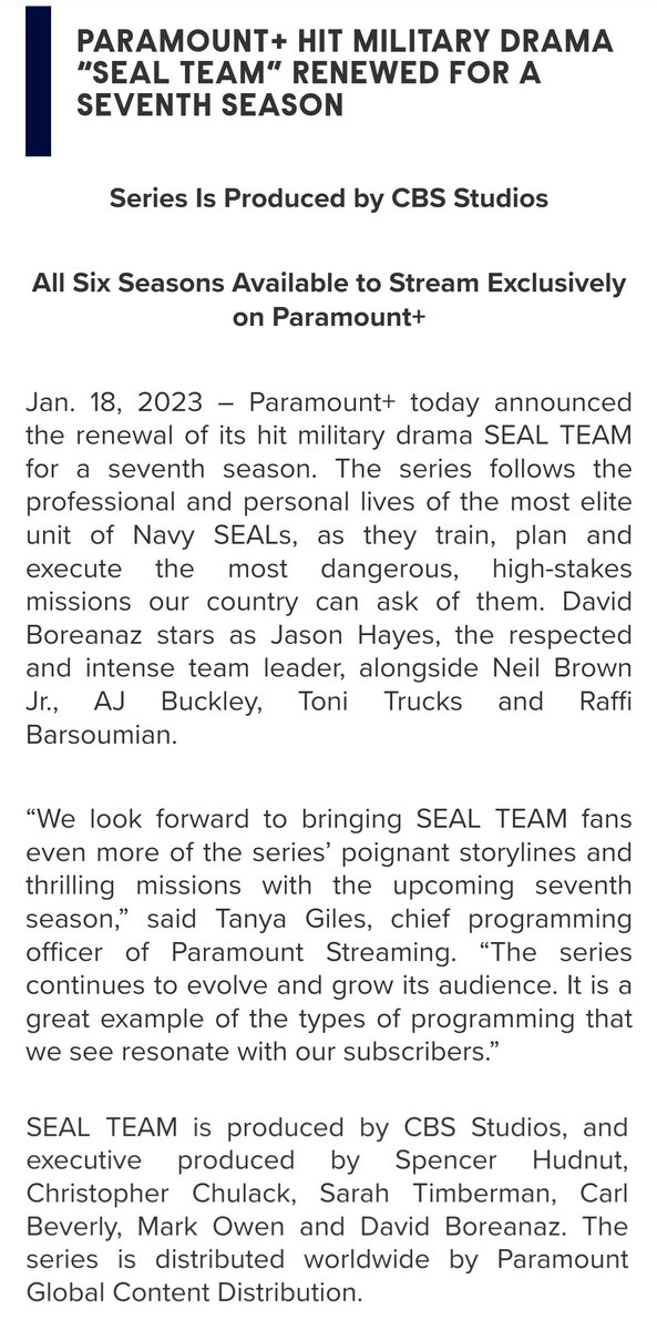 Here's the official renewal press release for anyone interested. #SEALTeam