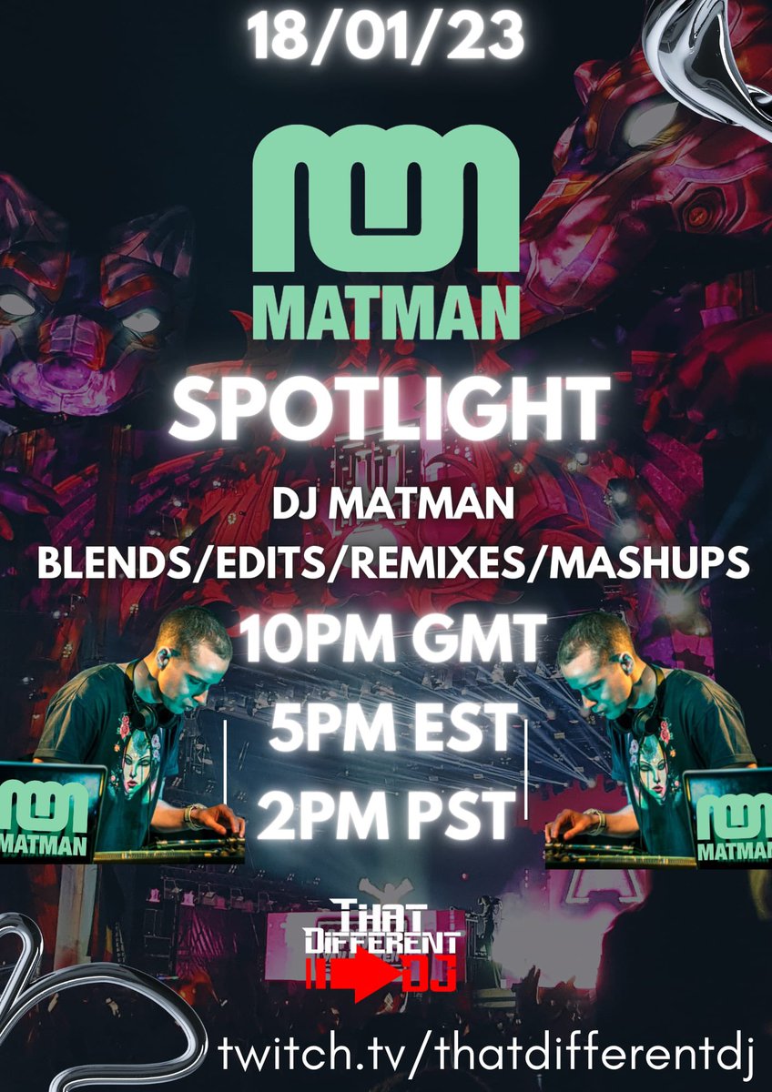 dj matman (@djmatman) on Twitter photo Huge shout to <a href="/ThatDifferentDj/">That Different Dj</a> for this ❤️
10PM GMT / 5PM EST tonight on twitch.tv/thatdifferentdj Huge shout to <a href="/ThatDifferentDj/">That Different Dj</a> for this ❤️
10PM GMT / 5PM EST tonight on twitch.tv/thatdifferentdj