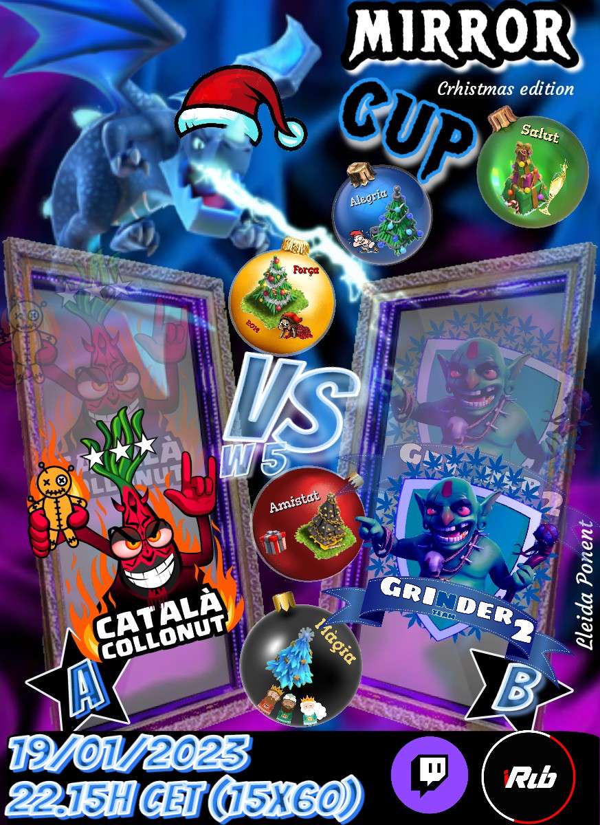 Jueves 19, seguimos con @iRub_TV viviendo la Mirror Cup en directo! Qué la fuerza te acompañe Ruben! con estos dos grandes clanes amigos, corazón dividido!! ❤️Que la boira no amaini! <a href="/Catala_Collonut/">Català Collonut War Clan⭐⭐⭐</a> vs <a href="/GrinderTeamCoC/">Grinder team</a> 🔥🔥