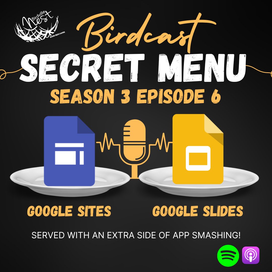 We are back for the spring!  Check out our newest episode as we dive into a Secret Menu of different tools with a side of App Smashing!! open.spotify.com/episode/7ath62…

#birdvillelearns #googleslides #googlesites #innovation <a href="/digitysor/">Heather Tysor</a> <a href="/c_latham_teach/">Caitlyn Latham</a> <a href="/BirdvilleNest/">BirdvilleNest</a> <a href="/GoogleForEdu/">Google for Education</a>