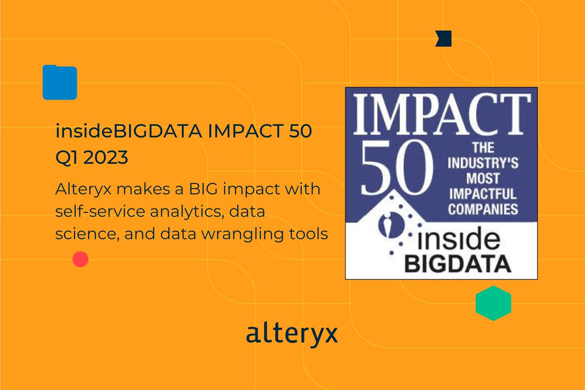 alteryx's tweet image. Making a big impact across industries, so our customers and partners can make a positive impact across the globe. Our #SelfServiceAnalytics, #DataScience and #DataWrangling tools earned us a spot on the #insideBIGDATA Impact 50 List.

The list: ow.ly/kJuc50MteUl

#BigData
