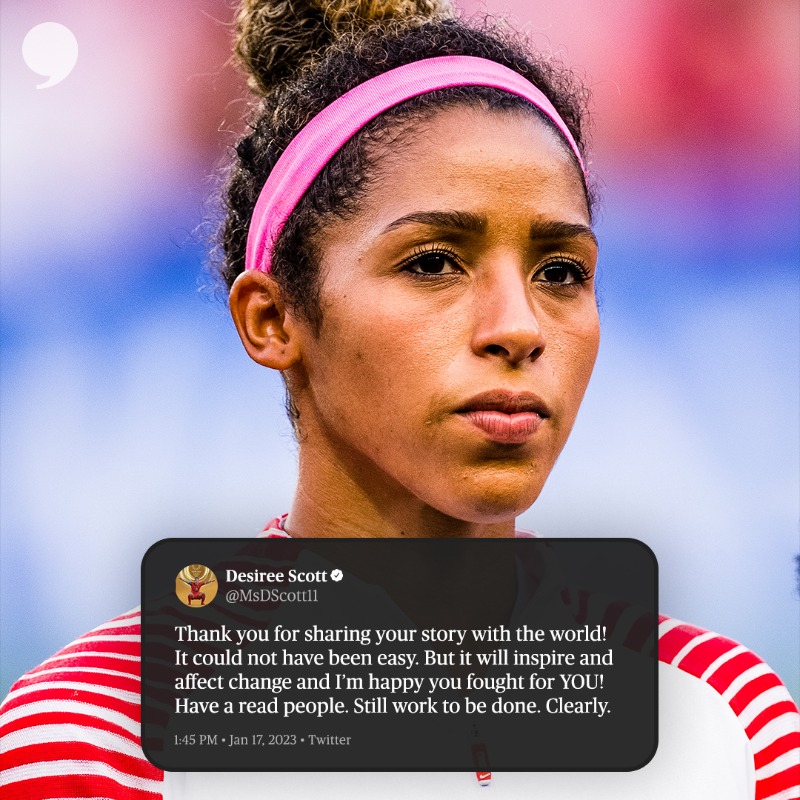 PlayersTribune's tweet photo. We're with you, @sarabjork18. ❤️ ✊

After Sara became pregnant in 2021, she stopped receiving paychecks from Lyon so she fought back…and won. 

This is her story. https://t.co/T3pS7lKUgS