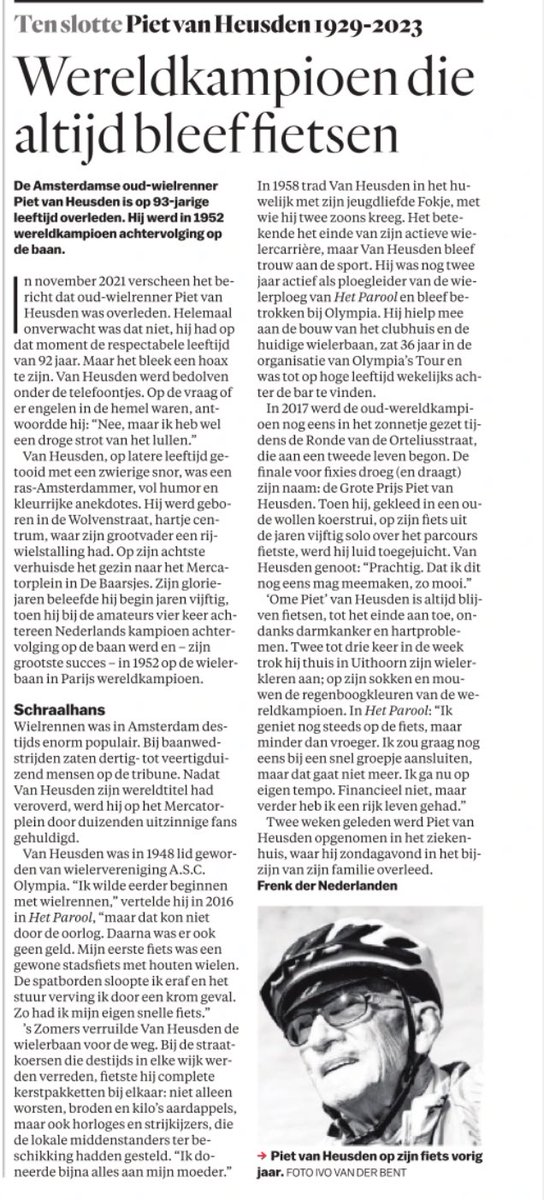 Zondagavond is Piet van Heusden (93) overleden. Piet maakte indruk op de leerlingen als hij, oud-wielrenkampioen, vanuit Uithoorn op de fiets naar de school kwam om te vertellen over de oorlog in <a href="/020West/">Stadsdeel West</a>. Piet was een lief mens, fijn in de omgang. We gaan hem enorm missen.