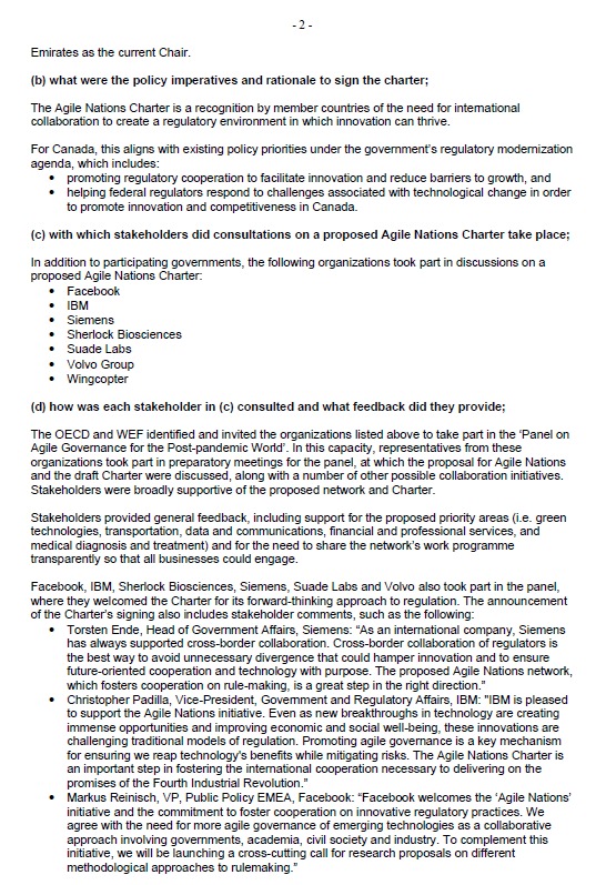 LeslynLewis's tweet image. In Nov 2020 while Canadians were distracted by COVID, the Liberal govt signed a World Economic Forum-initiated Charter. The Agile Nations Charter will facilitate agile "rule-making" outside of Parliament. 

Why the secrecy?

See details here: bit.ly/3WlOb7z
#cdnpoli
