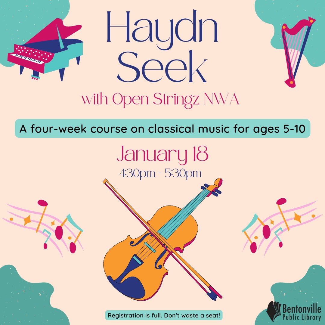 Session two of Haydn Seek - with Open Stringz NWA is today at 4:30pm! Last week patrons learned about Joseph Haydn and the oboe. Registration is full, so don't waste your seat! See you there!
#BPL #Library #HaydnSeek #kids