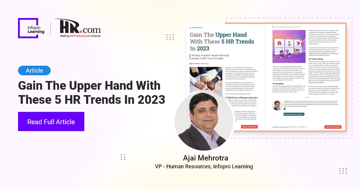 InfoproLearning's tweet photo. Ajai Mehrotra, Sr. VP – Human Resources at Infopro Learning, Inc, article, ‘Gain The Upper Hand With These 5 HR Trends In 2023,’ outlines the top five HR priorities for 2023.

Turn to page 7 to read expert viewpoints.

#InfoproLearning #HR2023 #HRstrategy #CHRO #FutureOfWork https://t.co/5ok02HJVIN