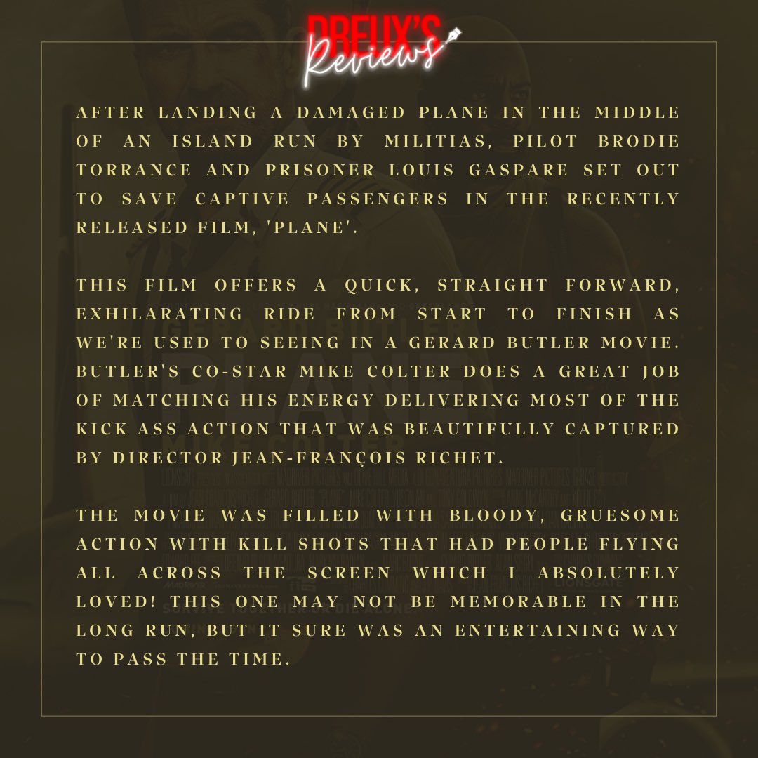 DreuxsReviews's tweet photo. ‘Plane’ was a good start to action films for the year.
#DreuxsReviews #Plane #planemovie #gerardbutler #mikecolter #daniellapineda #yosonan #movies #moviereview #movierecommendation #moviepost #FilmTwitter #film https://t.co/wdB9ndsg2E