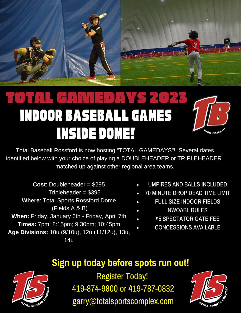 TBRossford's tweet image. Looking for ways to heat up your game during the winter season?

Come out and enjoy competitive 9 v 9 indoor baseball, running every Friday until April 7th! 

If interested, please message us on here, or contact (419)-787-0832 or garry@totalsportscomplex.com.