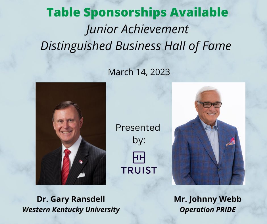 JA_SCKentucky's tweet photo. Junior Achievement of South Central Kentucky is thrilled to announce the Junior Achievement Distinguished Business Hall of Fame breakfast, Presented by Truist, which takes place Tuesday, March 14, at 7am CT at WKU's Harbaugh Club.  Emily@jaforkids.com for sponsorship information. https://t.co/wpew9hRtMz