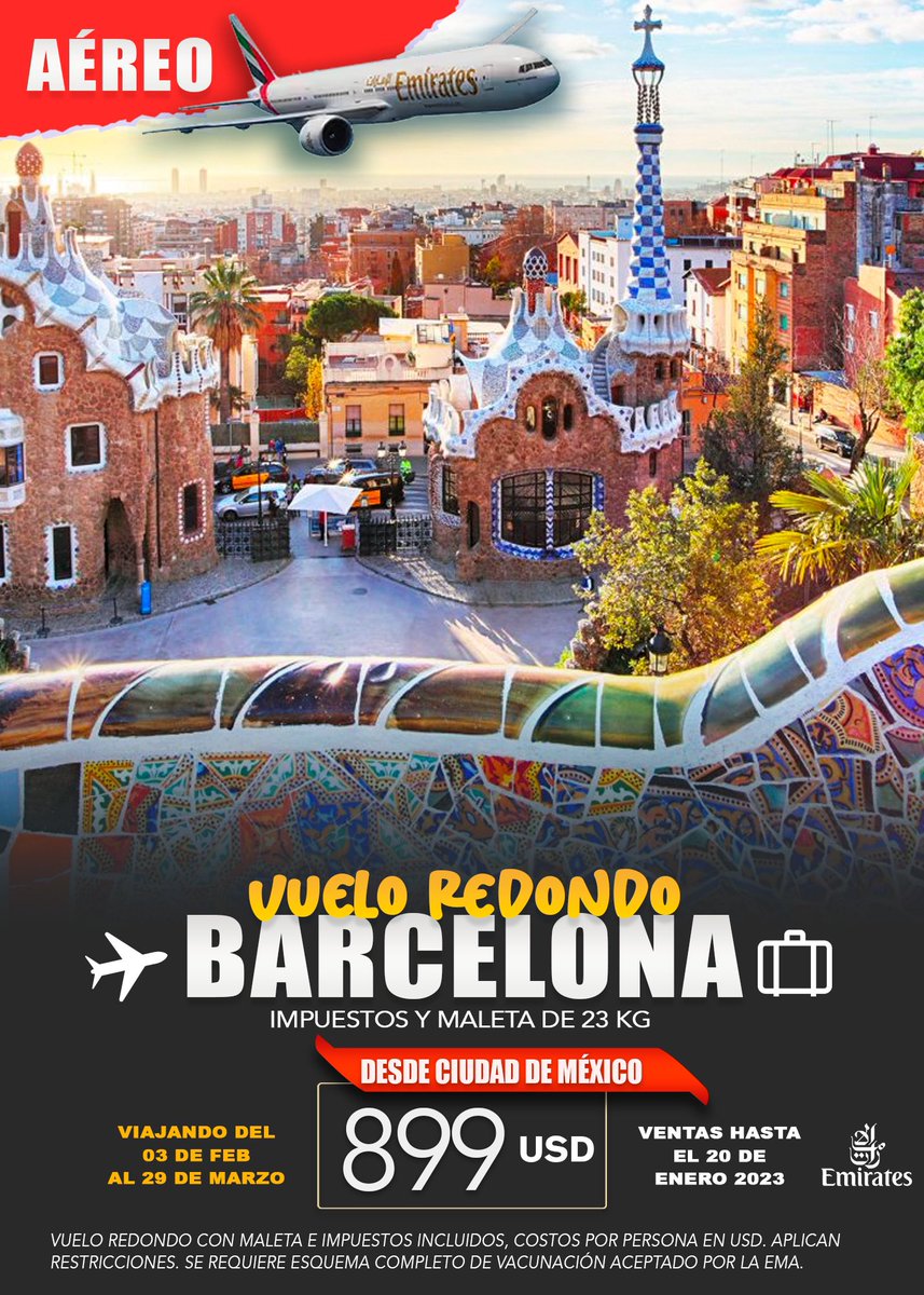 Barcelona desde USD 899 final ✈️ Vuelos directos con Emirates incluyendo maleta... ¡Reserva ahora!

#vuelos #viajesbaratos #viajabarato