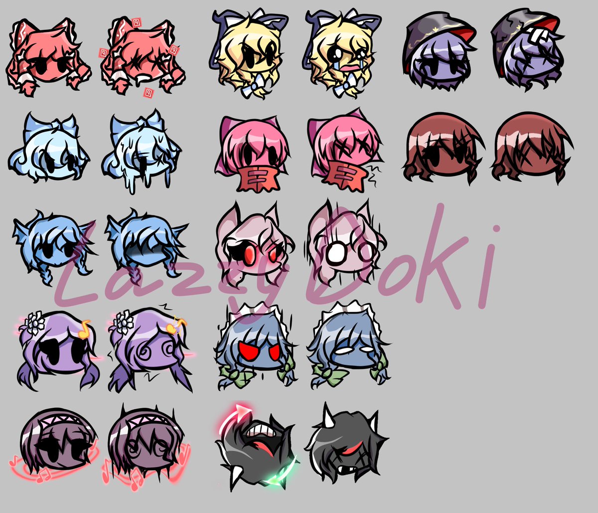 VeeKittyKat's tweet photo. The Character Icons for Double Funkin’ Character is finished! (For now……)
Enjoy.
#doubledealingcharacter #touhouproject #Fridaynightfunkin #fnfmods #東方Project https://t.co/ZXJIfUCN9T