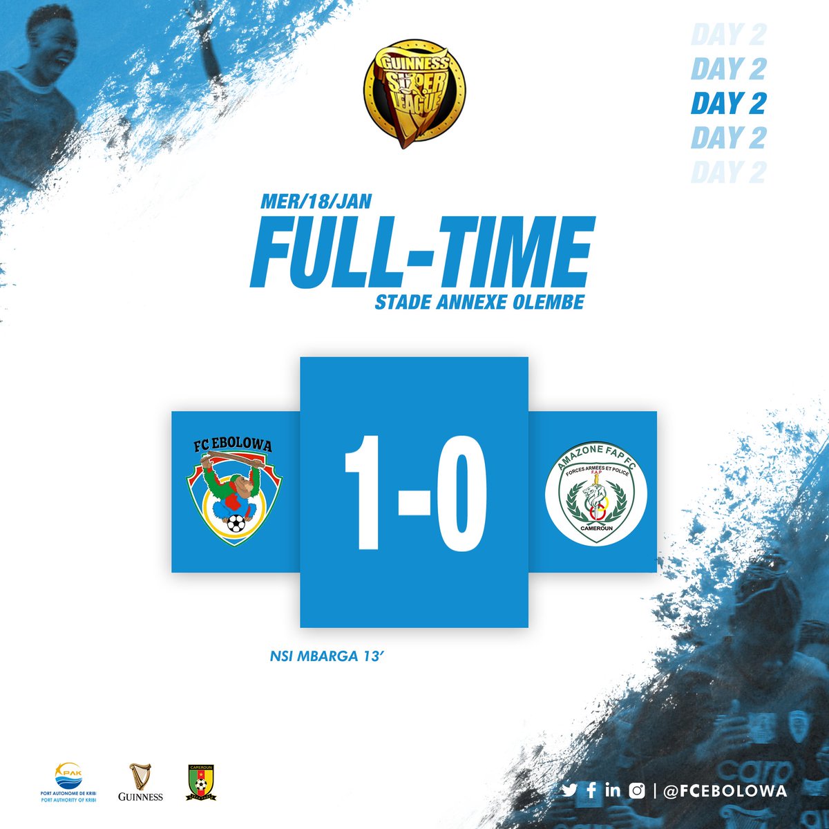FCEbolowa's tweet photo. Mos Ebuma! @GSuper_League  
Score final
@FCEbolowa  1-0 @AMAZONE FAP

#MatchDay2
#Resultats
#GSL3
#LFFC
#Fecafoot
#PAK
#Footballféminin
#FCEFAP
#StadeOlembe
#EnsembleEcrivonslHistoire https://t.co/GAbwWBpiZY