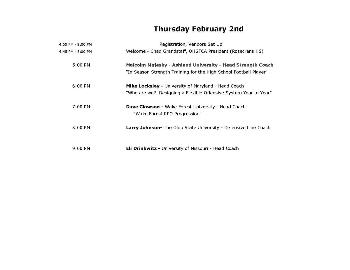 ohsfca's tweet photo. 15 Days Until The Clinic!!

Schedule For Thursday Night!!!!

Clinic Dates 2/2-2/4

See https://t.co/cjaABSKyVM for the most up to date list of speakers!

Register 🔽🔽🔽🔽

https://t.co/zGcinpdmZH https://t.co/OvavKukhJv