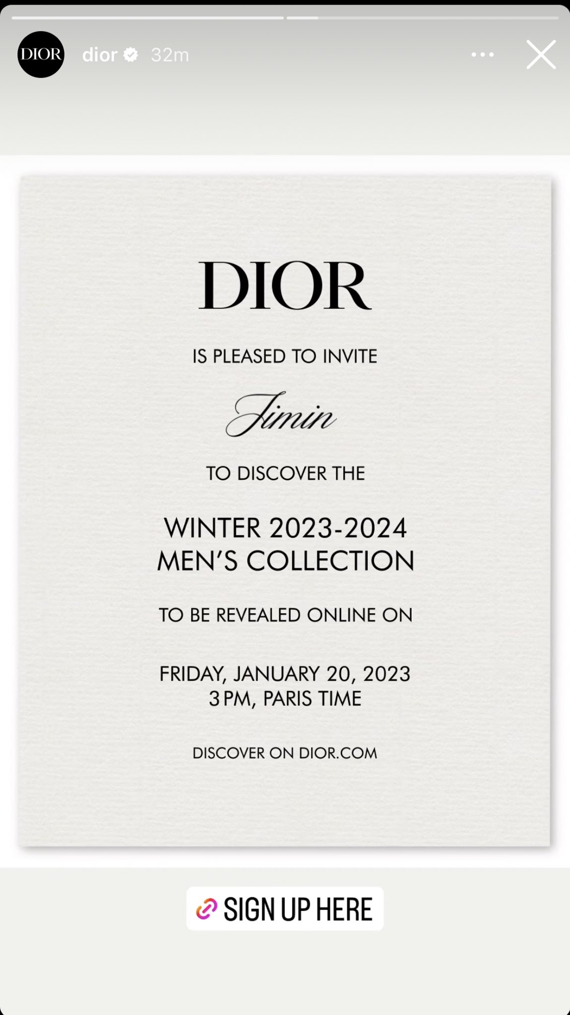 bora (rest) on X: .@Dior IG story: a personalized invite for Jimin to the  men's show @BTS_twt #BTS #방탄소년단 #JIMIN #JIMINxDIOR   / X