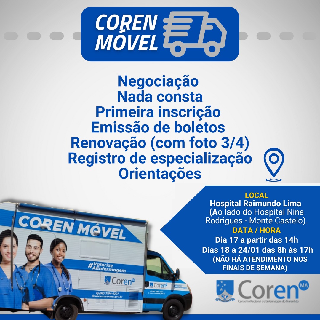CorenMAoficial's tweet photo. Atenção Profissional da Enfermagem!
O COREN Móvel está no Hospital Raimundo Lima (Monte Castelo). Não perca  a oportunidade para a resolução das suas demandas. Para a sua comodidade  os nossos serviços estão perto de você  até terça, 24 ( exceto final de semana ) https://t.co/TdWPvGAp8j