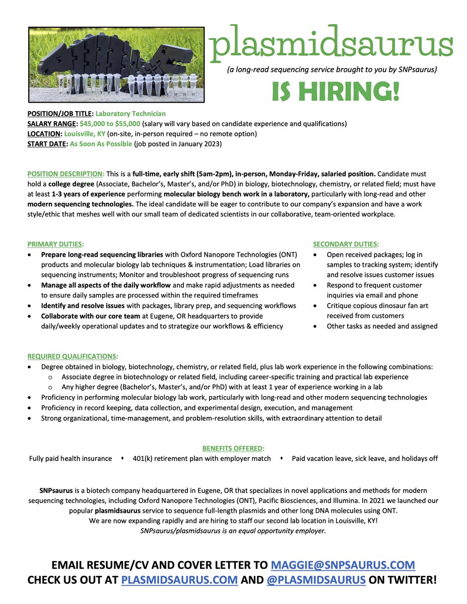 uwyoneuroscien1's tweet image. Students do you have molecular experience? Considering joining @plasmidsaurus. #jobopportunities