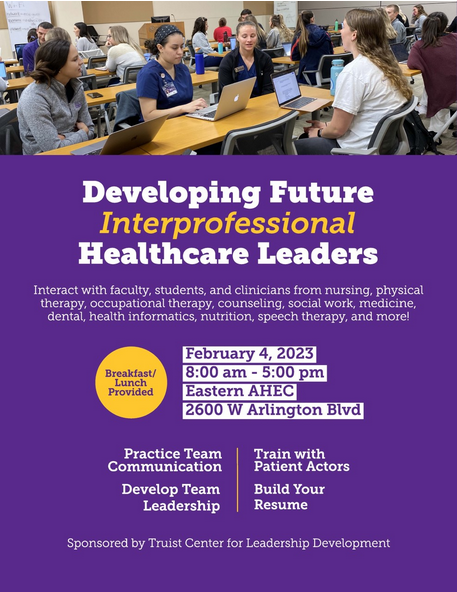 Pre-Professional Students! Don't forget about this great opportunity! Developing Future Interprofessional Healthcare Leaders Interact with faculty, students, and clinicians from nursing, physical therapy, occupational therapy, counseling, social work, medicine, dental, and more!
