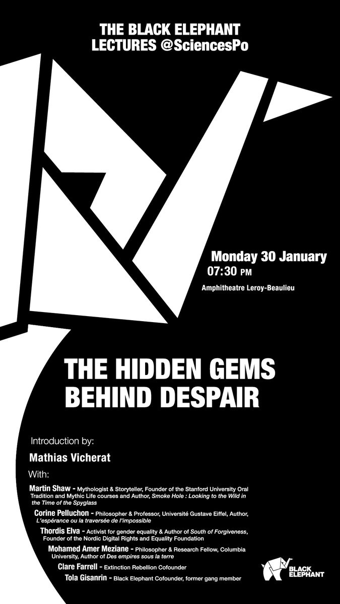 We are excited to announce the launch of the Black Elephant lectures at Sciences Po on 30 January ! 🐘

The lectures will showcase the virtues of vulnerability and post traumatic growth.

Registration (virtual and in-person) is mandatory :
blackelephant.live/static/invitat…