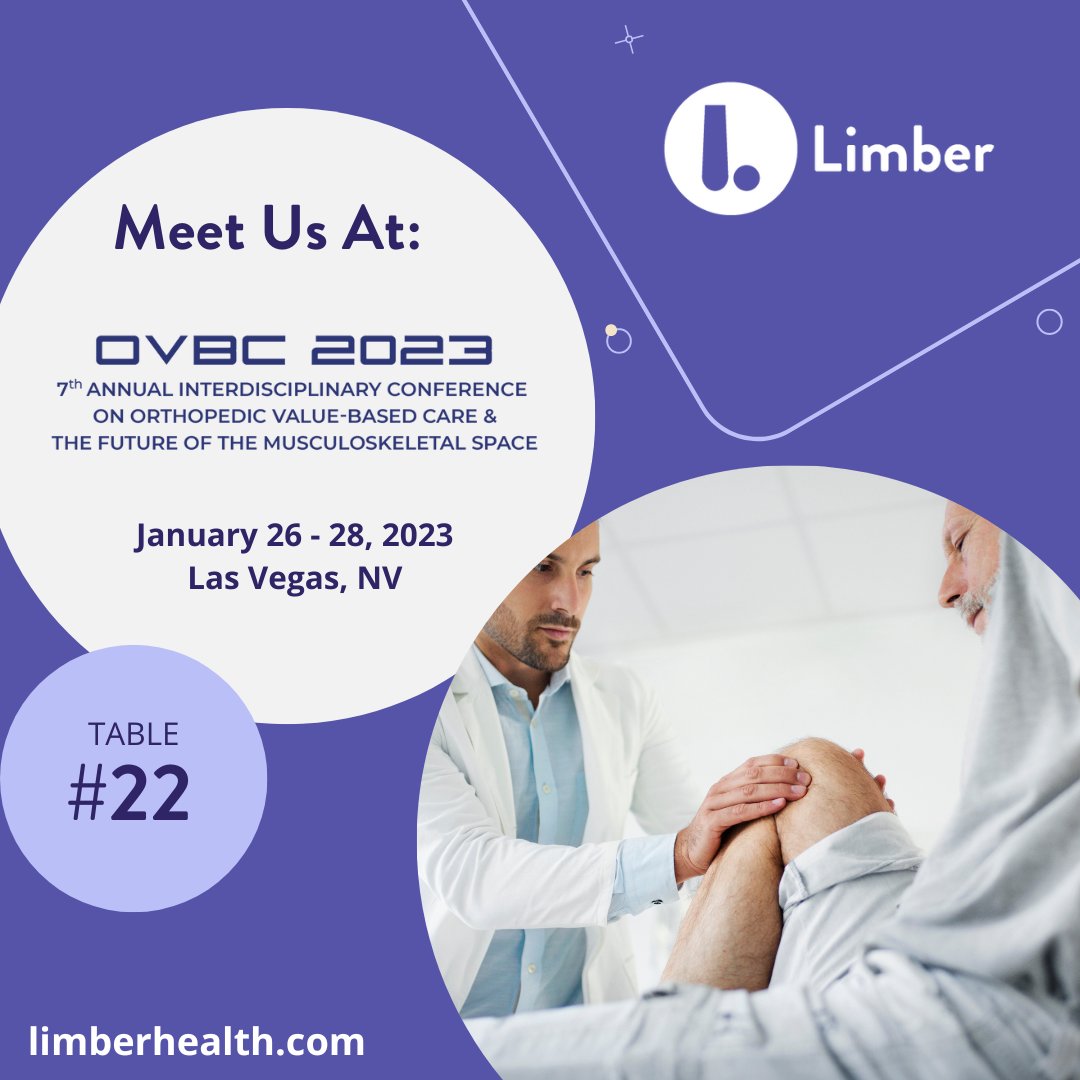 Our team is looking forward to the conversations around shifting to value-based care in orthopedics at #OVBC 2023 in Las Vegas next week. Visit booth #22 to connect with us & learn more about Limber!

#valuebasedcare #valuebasedhealthcare #msk #limberhealth #VBC #acpm #OVBC2023