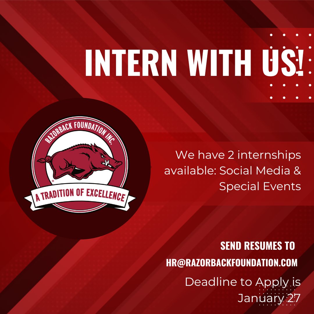 Razorback Foundation 🐗 (@razorfoundation) on Twitter photo Hey <a href="/UArkansas/">University of Arkansas</a> students: We have some #internship opportunities for anybody interested in working in the athletics or fundraising field....or who just wants to be a part of the #ONERazorback team! Contact us for more information or submit your resume to hr@razorbackfoundation.com Hey <a href="/UArkansas/">University of Arkansas</a> students: We have some #internship opportunities for anybody interested in working in the athletics or fundraising field....or who just wants to be a part of the #ONERazorback team! Contact us for more information or submit your resume to hr@razorbackfoundation.com
