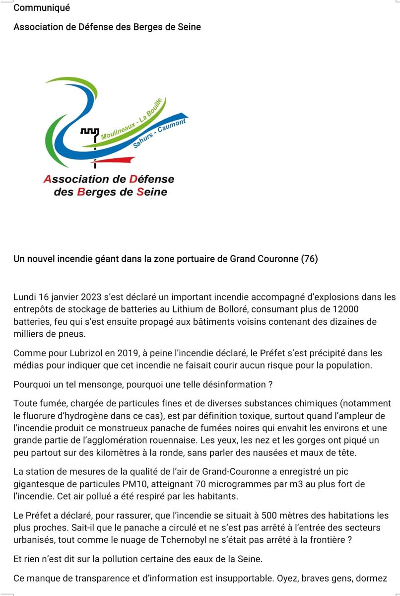 ADBS76's tweet photo. Communiqué-Incendie Bolloré

@Prefet76
@NicolasMayerNMR @haropaport
#BolloreLogistics #incendie #haropa #NMR #gpmr https://t.co/jUKd2L7fBe