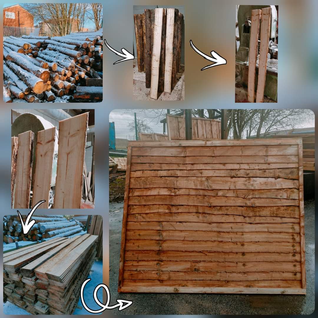 HCFencing's tweet photo. Did you know we manufacture our own panels from scratch! 

Each component individually made by our skilful team, ensureing we produce top quality, long lasting panels.
FSC spruce logs, cut down to 6mm waney boards &amp; battens, which when assembled, makes our popular waney lap panel https://t.co/tfnSngsAl5