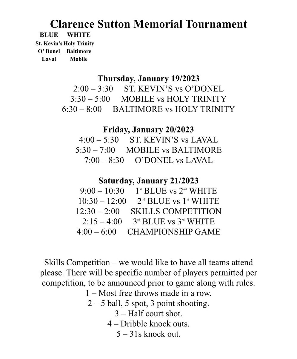 Get out and support your senior team play in the annual Clarence Sutton Memorial Tournament!! All games at St. Kevin’s High School #bleedblue 🏀💙🐴