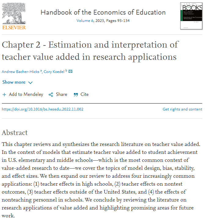 Andrew Bacher-Hicks (@abacherhicks) on Twitter photo Happy to see this chapter out today!
Cory Koedel and I provide a new review of the teacher value-added literature in the Handbook of the Economics of Education (Vol 6), edited by <a href="/EricHanushek/">Eric Hanushek</a> <a href="/s_machin_/">Stephen Machin</a> <a href="/Woessmann/">Ludger Woessmann</a>
doi.org/10.1016/bs.hes… Happy to see this chapter out today!
Cory Koedel and I provide a new review of the teacher value-added literature in the Handbook of the Economics of Education (Vol 6), edited by <a href="/EricHanushek/">Eric Hanushek</a> <a href="/s_machin_/">Stephen Machin</a> <a href="/Woessmann/">Ludger Woessmann</a>
doi.org/10.1016/bs.hes…