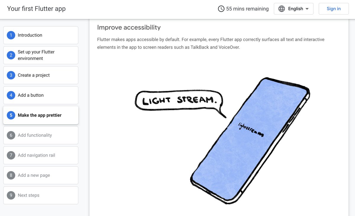 @FlutterDev's new Getting Started tutorial* includes something unique in the world of onboarding documentation: Tips for making applications accessible to visually impaired users. (1/8)

#a11y #inclusivedesign #ux #uxresearch #developerexperience #flutter