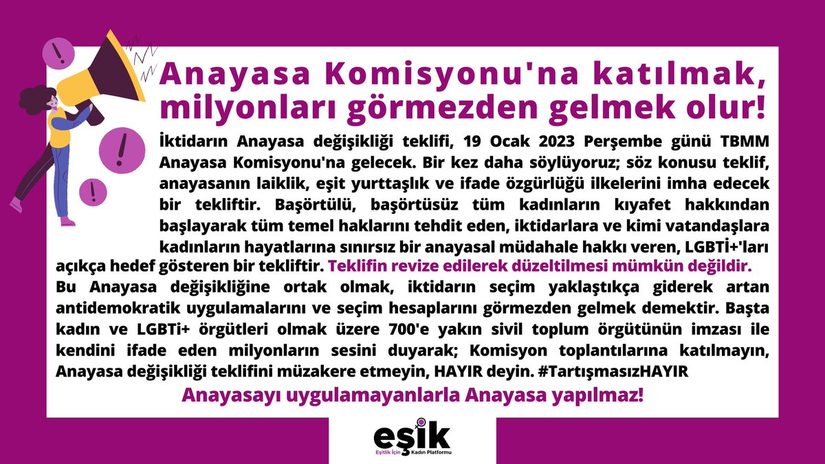 Anayasa değişikliği teklifi yarın TBMM Anayasa Komisyonu'na gelecek. 

Partilere çağrımızdır: Komisyon toplantılarına katılmayın, Anayasa değişikliği teklifini müzakere etmeyin #TartışmasızHAYIR deyin.