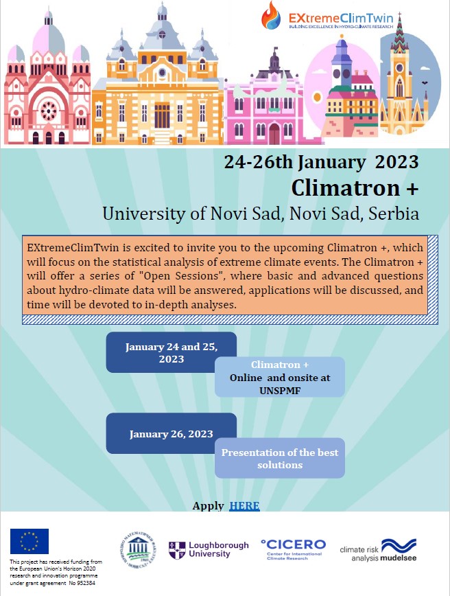 EXtremeClimTwin's tweet image. The EXtremeClimTwin is excited to announce full program of the upcoming Climatron + from 24-26 January 2023!!! Part I
#extremeclimtwin #h2020 #lunchtimetalks #colleaguestocolleagues #universitylife #loveourjob
